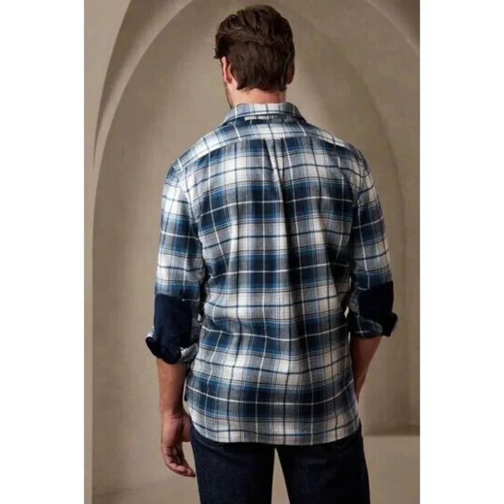 Banana Republic Flannel Shirt‎ Mens Large Blue Plaid Elbow Patch Organic Cotton